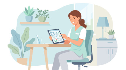 Fototapeta premium Smiling nurse using tablet at desk, medical chart on screen, home office