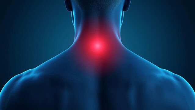 Neck Pain Relief Concept: Glowing Red Spot on Man's Upper Back and Neck, Medical Illustration