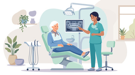 Fototapeta premium Dentist Explains X-ray To Senior Patient In Dental Chair