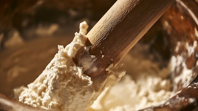 Close up of traditional stone mortar and pestle grinding ingredients.