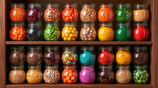 Pantry organization concept rows of unbranded glass jars filled with colorful dry food on wooden shelf