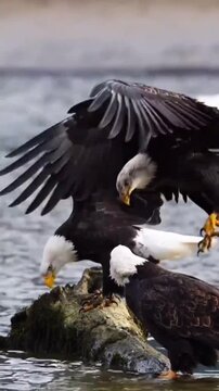 Bald eagles interacting and landing on a log by the river