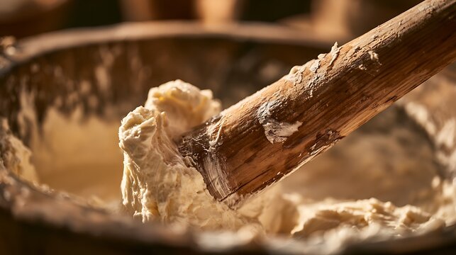 Traditional preparation of cassava fufu using a wooden mortar and pestle.