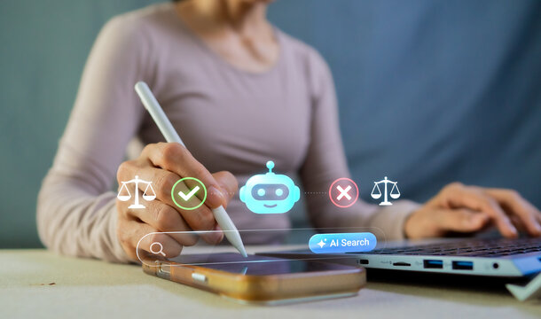 Businesswoman using stylus pen for AI Search, legal regulation analysis and content verification.