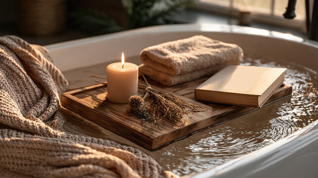 Restorative bath ritual with simple bath tray, plain candle, folded towel, and book in warm spa light