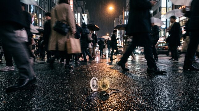 An open silver locket lying on a wet city street at night, with a crowd of blurred people walking past, captured in a long exposure shot.