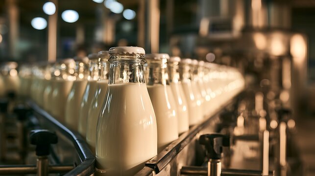Automated production line filling glass milk bottles in dairy factory.