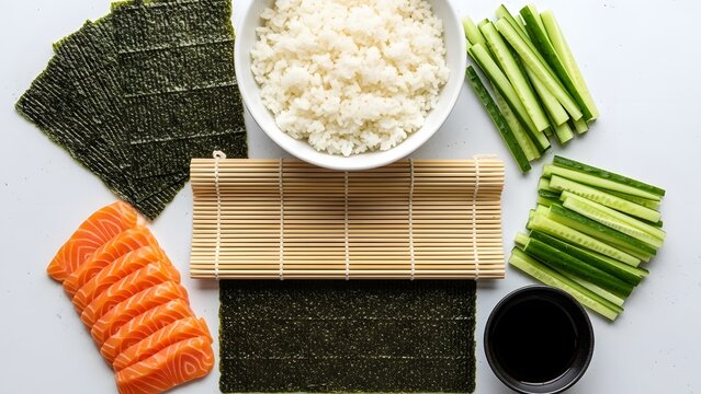 Top view of sushi ingredients and preparation tools