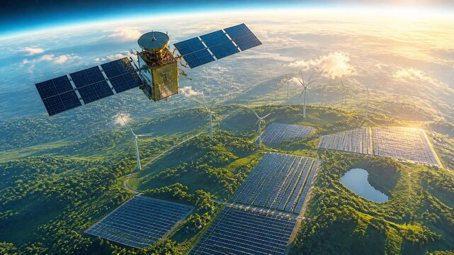 Satellite orbits Earth above solar panels and wind turbines