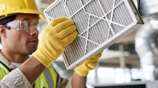 Technician cleaning air ventilation filter with gloves in industrial building, focused maintenance work