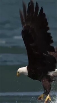 Bald eagle catching fish from water with splashes