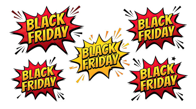 Set of five colorful comic book style burst speech bubbles with black friday text for retail marketing promotions