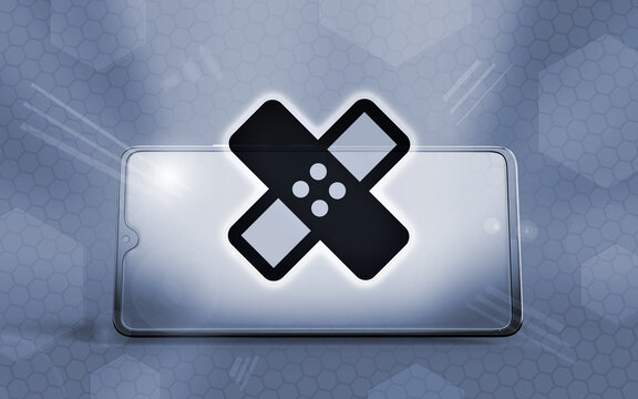 Smartphone 3D con icono de tirita brillante, concepto de reparaci&oacute;n de dispositivos m&oacute;viles, servicio t&eacute;cnico digital, mantenimiento y soluci&oacute;n de fallos t&eacute;cnicos.
