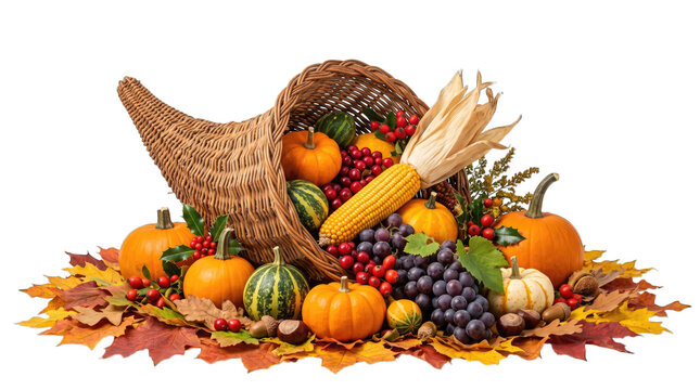 Traditional thanksgiving cornucopia overflowing with fresh autumn harvest vegetables fruits and colorful fall leaves on white background