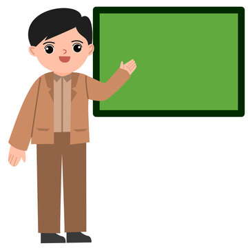 Male Teacher Pointing at Classroom Blackboard Cartoon Character Vector Illustration