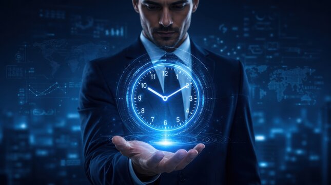 A man in a suit holds a glowing digital clock, symbolizing time management and technology in a futuristic setting.