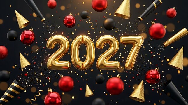 Golden foil balloons spelling 2027 with festive confetti and baubles