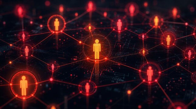 A digital network visualization showing interconnected human icons glowing in red, representing social connections or online communication.