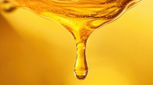 Golden honey droplet suspended mid-air against a warm, blurred yellow background.