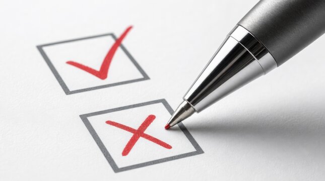 A close-up of a pen marking a red X inside a checkbox, with a red checkmark visible in another box.
