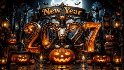 Fototapeta premium New Year 2027 Dark Fantasy Halloween Celebration with Glowing Jack O Lanterns and Goat Demon Surreal Concept