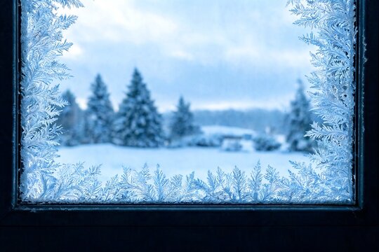 Winter window with frost patterns and blurred outside