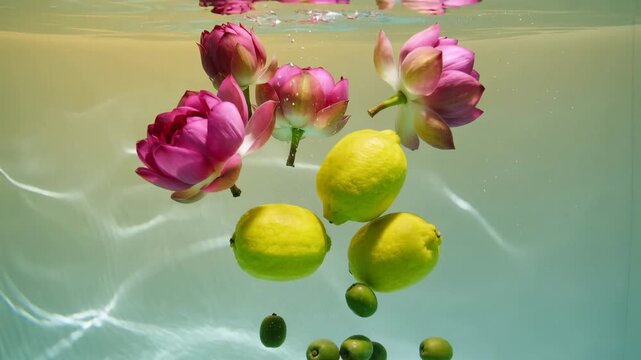 Floating fruits and flowers in clear water during daytime