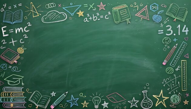 Colorful chalk school blackboard border, playful stationery doodles, math symbols, books, apples, and creative learning theme for education or classroom designs.