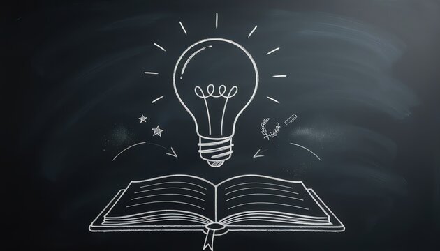 Chalk light bulb idea inspiration glows on blackboard, surrounded by creative icons, symbolizing innovation, imagination, education, and problem solving in a minimal style.