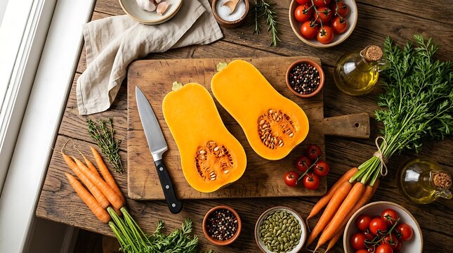 Freshly carved butternut squash halves on rustic wooden cutting board with autumn ingredients