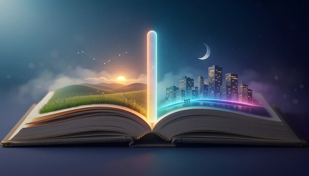 Open book day night scene, magical story unfolds between glowing daylight field and peaceful moonlit lake, symbolizing imagination, inspiration, and adventure.