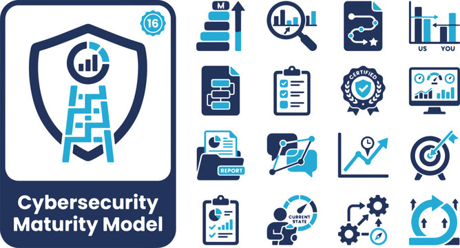 Comprehensive set of cybersecurity maturity model vector icons illustrating data analytics, risk management, and business strategy concepts in blue and dark tones