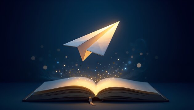 Imagination takes flight from books, glowing light, symbolizing creativity, learning, and inspiration in a magical, warm educational atmosphere.
