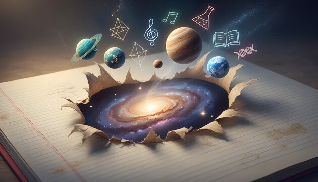 Notebook universe bursts with imagination, swirling galaxy, floating planets, science and creativity icons, inspiring curiosity, magical education, cosmic exploration, dreamy academic scene.