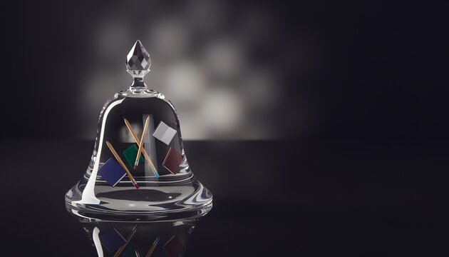 Glass bell protects creative tools, pencils and colorful paper rest safely inside a crystal dome on a reflective surface, symbolizing imagination and care.