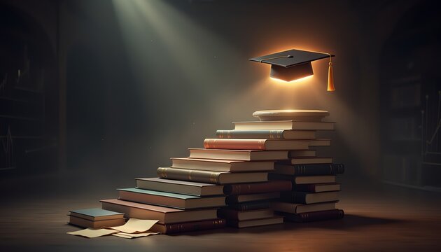 Stacked books growth academic success, glowing graduation cap, misty background, rising arrows, symbolizing achievement, knowledge, improvement, educational progress, and future opportunities.