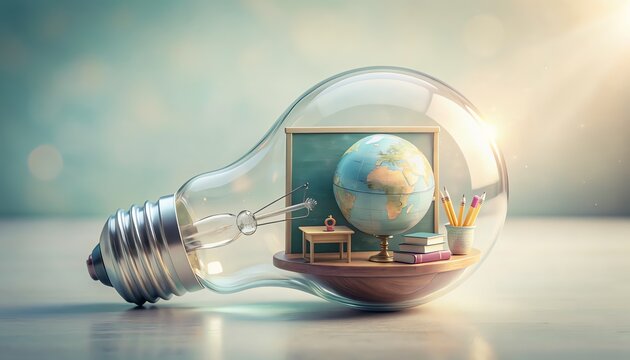 Creative learning desk inside bulb, symbolizing the power of education, innovation, and inspiration in a minimal, pastel, and modern style.