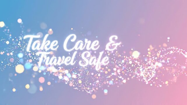 Elegant Safe Travel Greeting with Shimmering Particle Wave and Soft Pastel Gradient Background