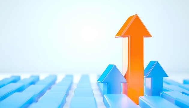 Growth success concept upward arrows, 3d vibrant blue and orange shapes symbolizing achievement, business progress, innovation, leadership, and positive results.