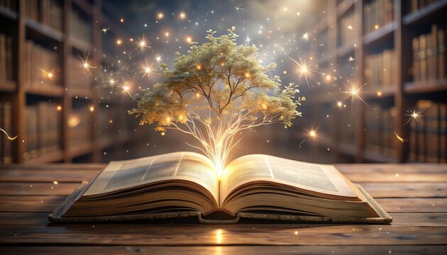 Magical tree grows from book, sparkling lights, library background, symbolizing imagination, wisdom, fantasy, and the magic of reading and knowledge.