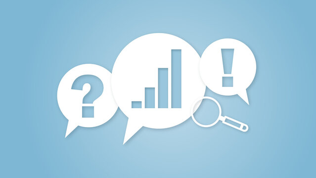 Concept illustration with speech bubbles, a question mark, a bar chart, an exclamation point, and a magnifying glass on a light blue background representing data analysis and business questions