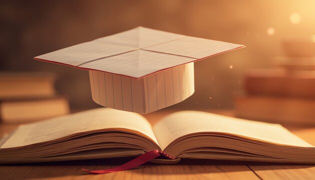 Graduation cap book warm light symbolizes learning achievement and inspiration, with glowing ambiance and creative academic atmosphere on a wooden desk.