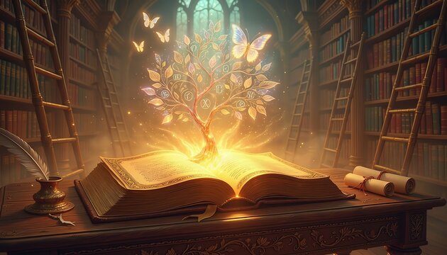 Magical tree grows from book, glowing butterflies flutter in library, enchanting atmosphere, symbolizing imagination, wisdom, and the wonder of knowledge.
