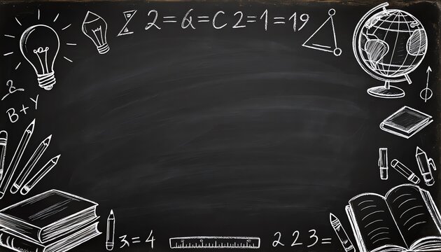 Creative chalkboard school learning border, doodle style with books, globe, lightbulb, and pencils, perfect for educational banners or classroom presentations.