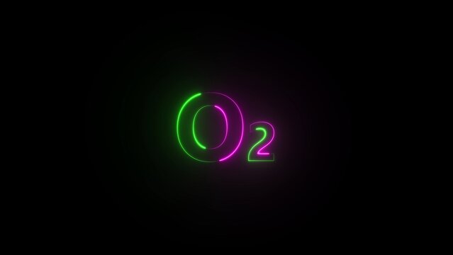 Neon glowing oxygen molecule symbol O2 with green and pink light on black background chemical chemistry
