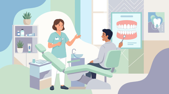 Dentist showing teeth chart to patient in modern dental office
