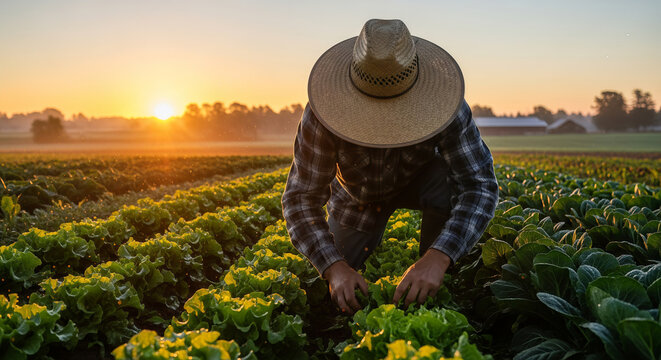 Farmer Tending to Fresh Organic Lettuce Crops in a Field 