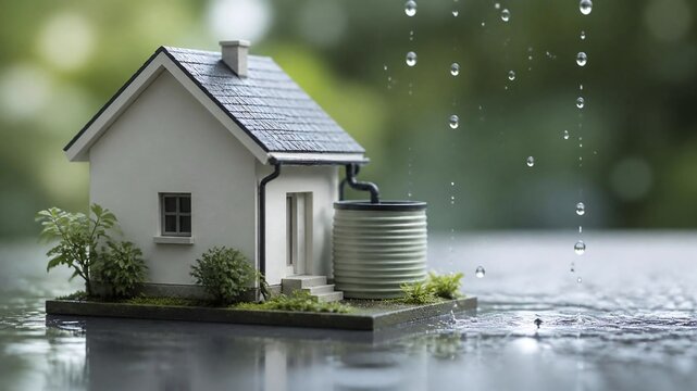 Miniature house with rainwater harvesting system in rain
