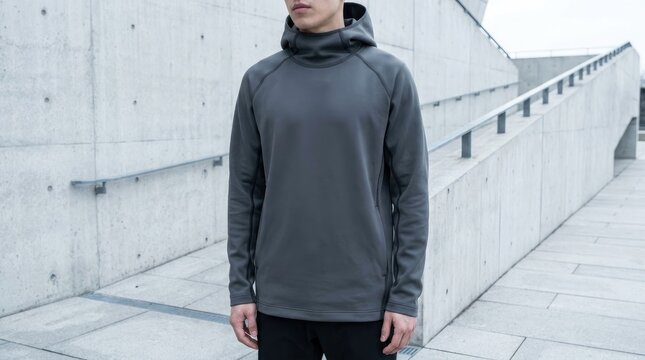 Man in gray techwear hoodie standing in modern urban environment