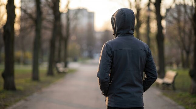Man in hooded jacket standing alone in urban park at sunset